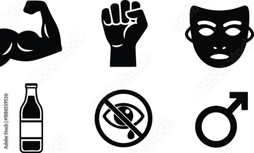 Flat design icon set six glyph symbols showing flexed arm raised fist theatrical mask bottle no viewing eye and male gender symbol arranged grid bold simple