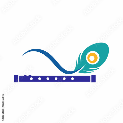 A graphic illustration featuring a blue flute with a teal peacock feather and a graceful blue curve above it, symbolizing music and cultural heritage.