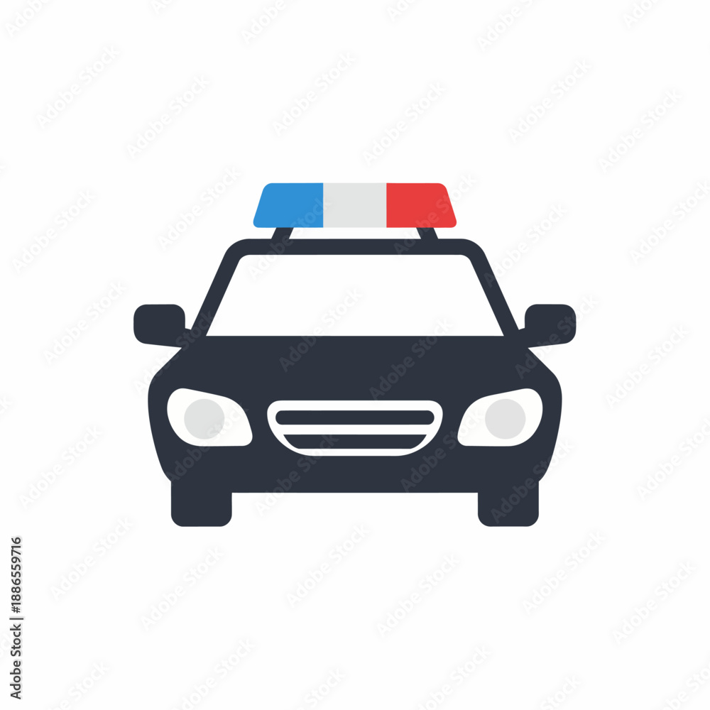 Obraz premium Front view of a dark police car with red and blue emergency lights on its roof, depicted in a flat icon style.
