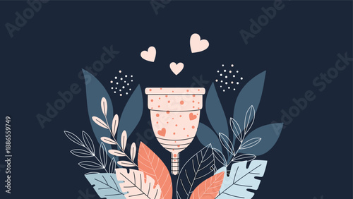 Menstrual cup design surrounded by beautiful botanical leaves and small pink hearts against a deep navy blue background.