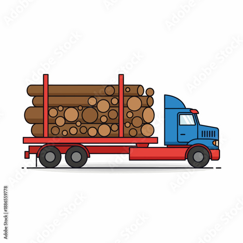 Blue logging truck with a red trailer carrying a large load of cut timber logs, illustrated in a simple cartoon style.