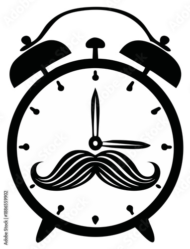 Vintage alarm clock with handlebar mustache graphic illustration