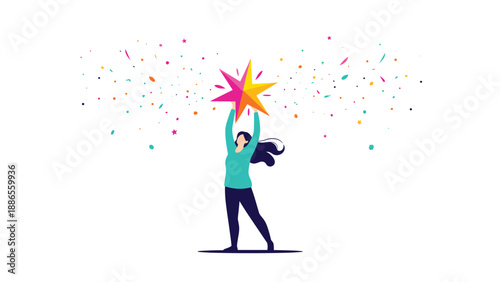 Happy woman holding up a giant colorful star while being surrounded by festive confetti and sparkles in a celebration scene.