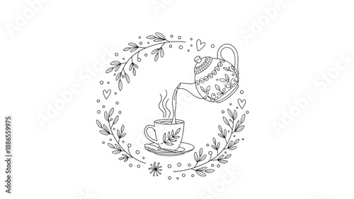Elegant line art illustration of a decorative teapot pouring hot tea into a matching cup surrounded by a leafy wreath.