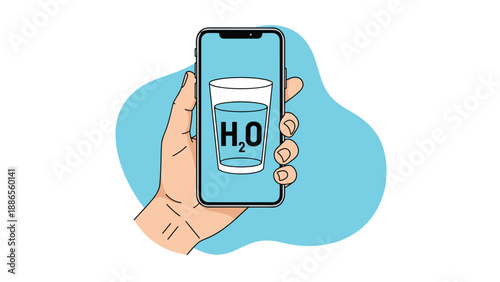 Hand holding a modern smartphone displaying a water tracking app with a glass of water and h2o symbol on the screen.