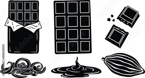 Line art close up chocolate bar unwrapped and broken squares with cocoa pod curls and melting pool top down view minimal vector food icon illustration silhouette