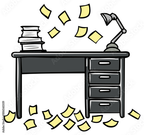 Messy Desk with Papers and Lamp Cartoon Illustration