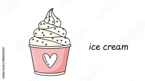 Pink cup of soft serve ice cream or frozen yogurt with chocolate sprinkles and a white heart design on the container.