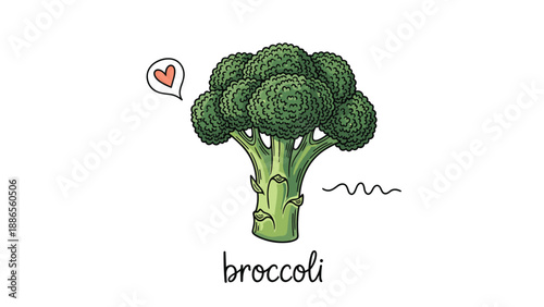 Detailed hand-drawn broccoli stalk featuring green florets and a small speech bubble with a red heart to represent healthy eating.