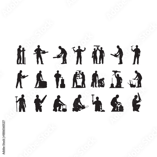 Collection of silhouettes of men working with various tools