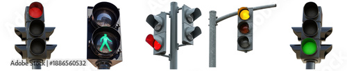 Foto collection of various urban traffic lights and pedestrian signals displaying red, yellow, and green states for road control