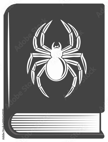 Spider illustration graphic on closed antique book of magic for Halloween mystery tales