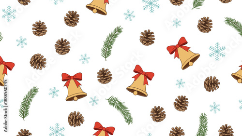 Festive Christmas pattern featuring golden bells with red bows, brown pine cones, green pine needles, and light blue snowflakes.