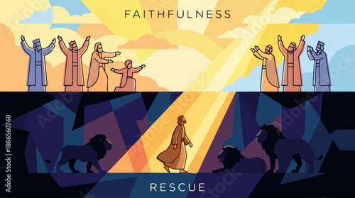 Daniel emerges from the den as daylight fills the scene. The king and onlookers appear above as simplified figures, arms raised in awe. Use strong contrast between dark night colours below and bright 