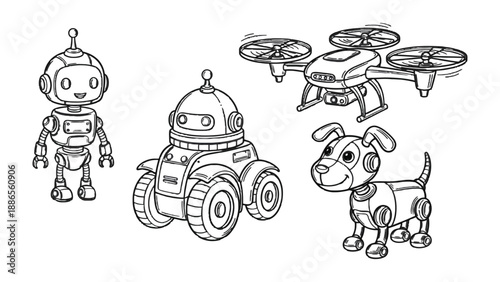 Robot Drones and Robotic Dog Illustration: Playful monochrome illustration of a futuristic robot collection, including a friendly robot, drone and robotic dog, against a simple backdrop. 