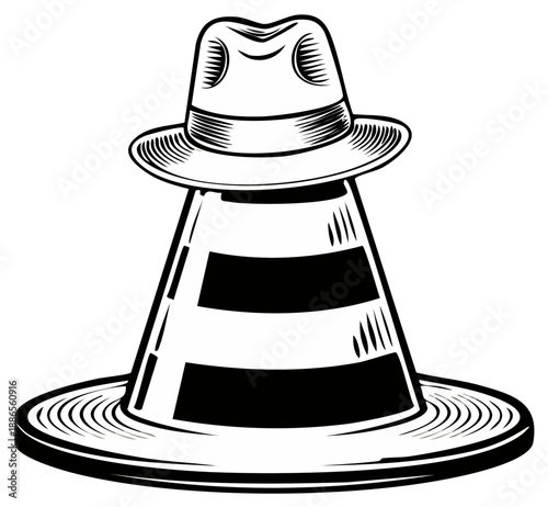 Retro Hat Topping Construction Cone Symbolizing Unexpected Styles and Authority