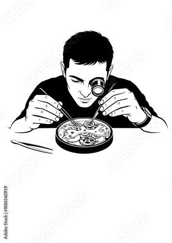 Watchmaker Repairing Clock Silhouette, Precision Craftsmanship and Horology Hobby, Skilled Artisan Working with Tiny Tools Vector