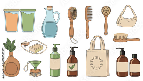 Assorted zero-waste personal care products including wooden brushes, glass jars, soap, oil bottles, and a cloth shopping bag.