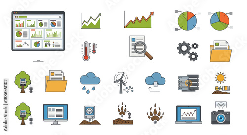 Diverse Flat Design Icons Collection for Data Environment and Technology Concepts.