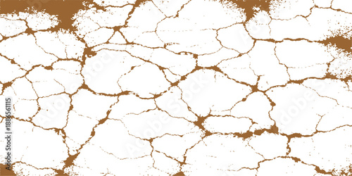 An old cracked concrete wall with a rough grunge texture features a dry pattern of brown mud and arid soil, creating an abstract desert land surface reminiscent of cracked earth and stone
