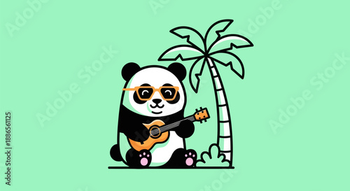 Cartoon panda playing ukulele under palm tree