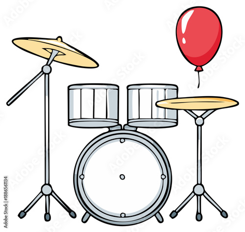 Cartoon drum set with cymbals and a red balloon creates festive image