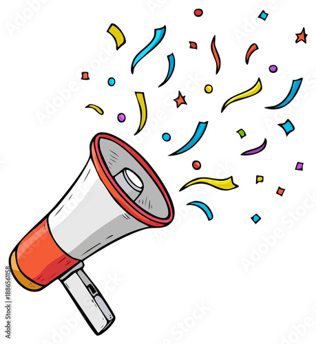 Festive megaphone announcing celebration with falling confetti and streamers illustration for party invitations and promotional announcements.