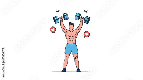 Muscular man performing an overhead press with heavy dumbbells while surrounded by glowing heart symbols representing fitness love.