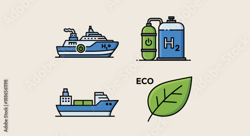 Illustrated Eco-Friendly Hydrogen-Powered Ship and Fuel Tanks.