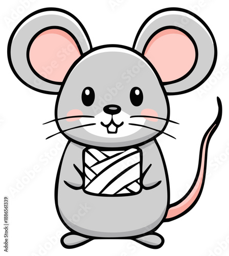 Cute cartoon gray mouse holding a bandage, injured animal concept