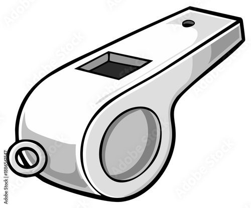 Simple drawing of a white plastic sports whistle with a black mouthpiece detail