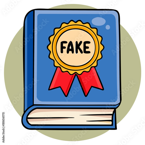 Cartoon book with a gold badge that reads fake