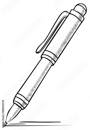 Hand-drawn illustration of a classic ballpoint pen creating a line on a white surface