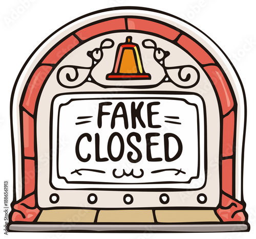 Cartoon storefront sign displays 'Fake Closed' with decorative bell and whimsical design elements