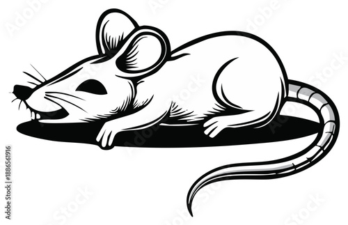 Animated mouse or rat resting on floor, isolated white rodent with long tail, cartoon style, minimal design