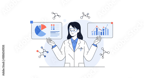Illustration of a woman in a lab coat presenting data on graphs and charts on International Day of Women and Girls in Science.