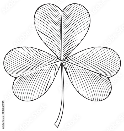 Detailed black and white etching of a single three-leaf clover emblem