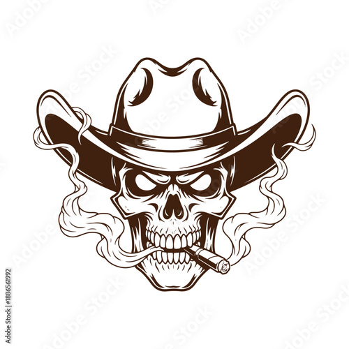 Cowboy skull smoking cigar with hat