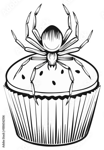 Spider perched atop a decorated cupcake black and white illustration