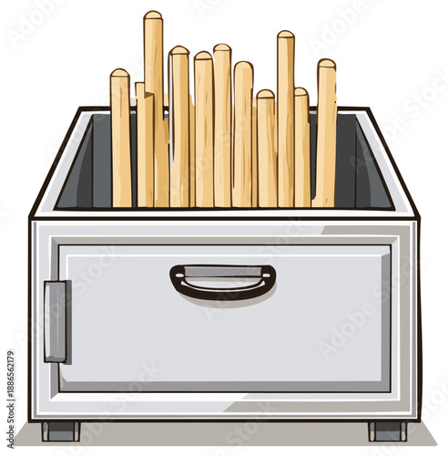 Drawer containing bundle of wooden drumsticks arranged randomly in a gray cabinet