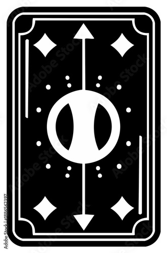 Abstract tarot card design with arrow and geometric shapes, spiritual illustration in black and white
