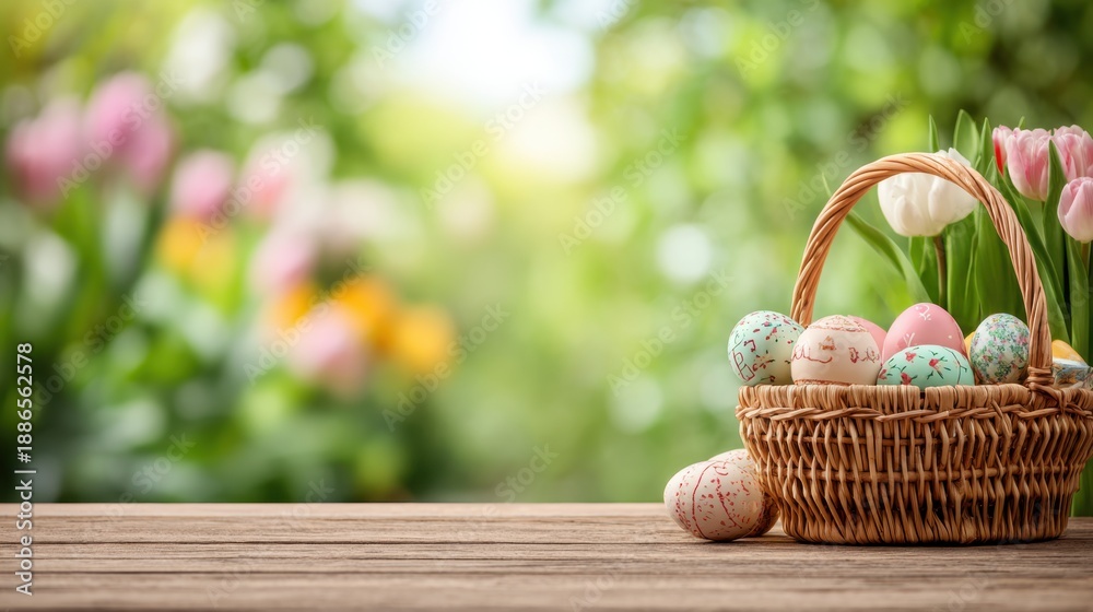 Fototapeta premium Pastel Easter Eggs in a Wicker Basket on a Wooden Table with Spring Flowers