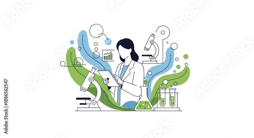 Illustration of a woman in a lab coat working with a microscope and telescope on International Day of Women and Girls in Science, surrounded by scientific equipment and abstract shapes in a