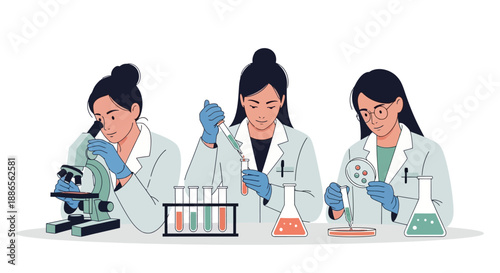 Three female scientists working together in a laboratory setting on International Day of Women and Girls in Science, examining samples with a microscope, test tubes, and beaker.