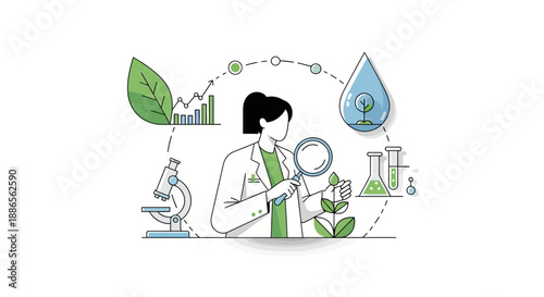 Illustration of a woman in a lab coat examining a plant with a magnifying glass on International Day of Women and Girls in Science, surrounded by science equipment and symbols.