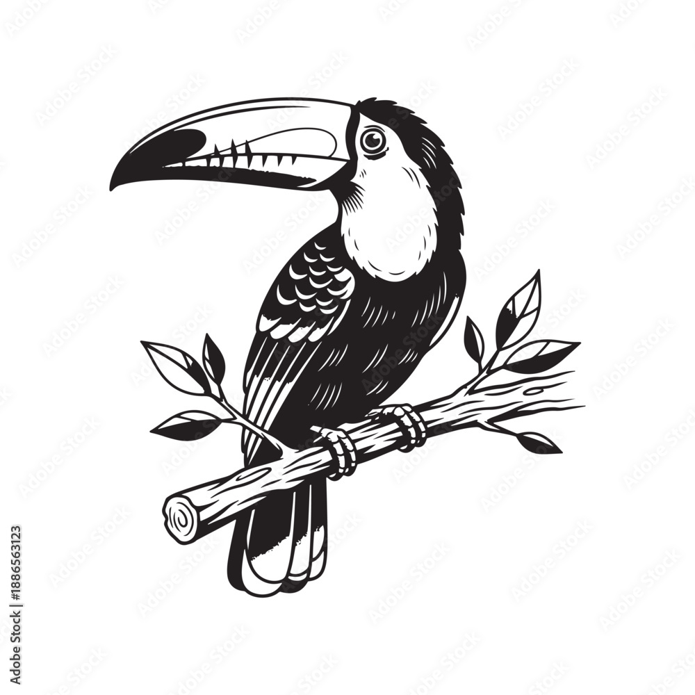 Fototapeta premium Toucan perched on a branch with leaves