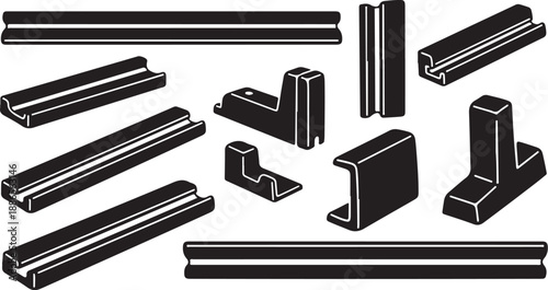 Various metal profiles and bars in black and white