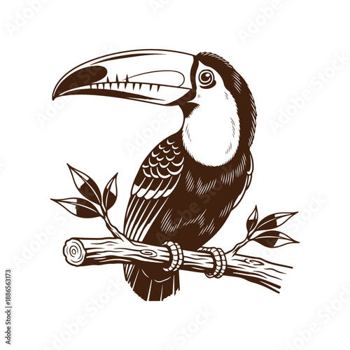 Toucan bird sitting on branch with leaves