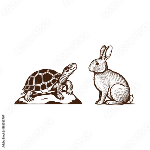 Tortoise and rabbit illustration on white background