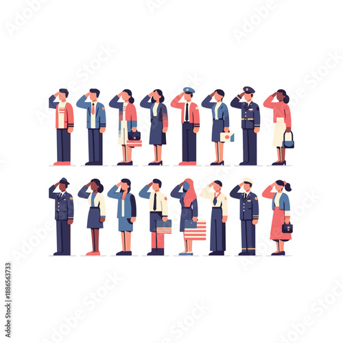 people saluting respectfully flat vector illustration
